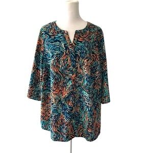 Catherines petite 14 16 0XWP button down 3/4 sleeves blue green orange